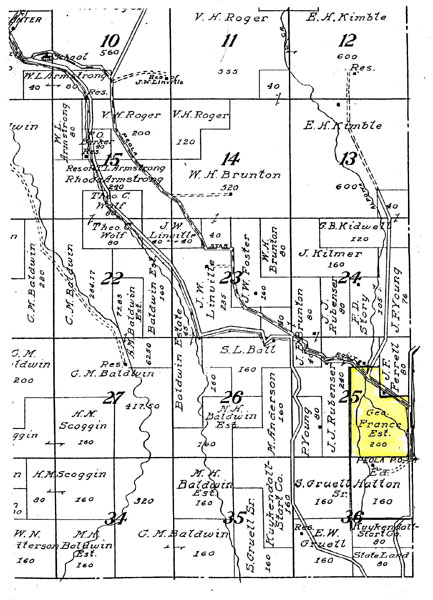 Section of county map showing the George France property - Courtesy of Patti Morris Craze